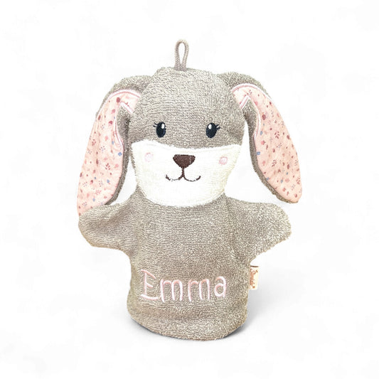 Spiel-Waschhandschuh Hanni Hase mit Name – spielerische Reinigung & sanfte Pflege für Babys, sand/rosa, Sterntaler