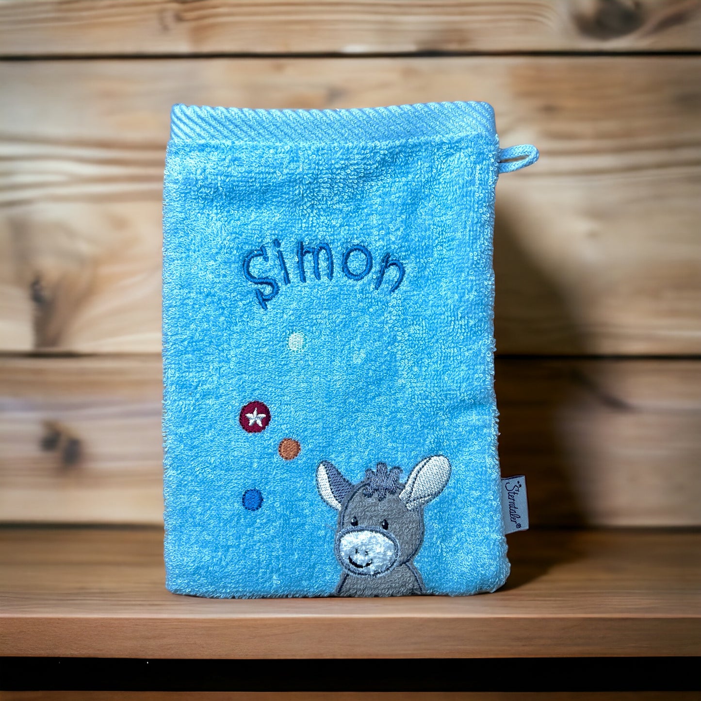 Waschlappen Emmi Esel blau, Sterntaler mit Namen personalisierbar