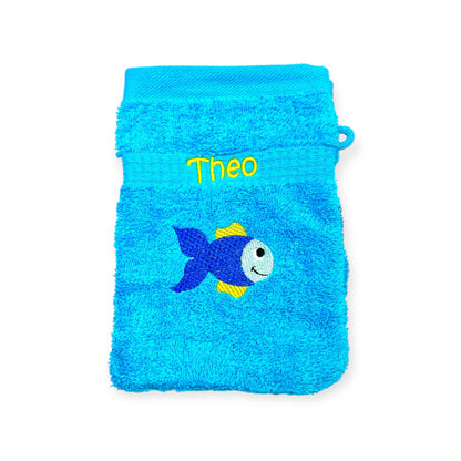 Fisch Handtuch und Waschlappen Set mit Name, Kinderhandtuch, Geschenk