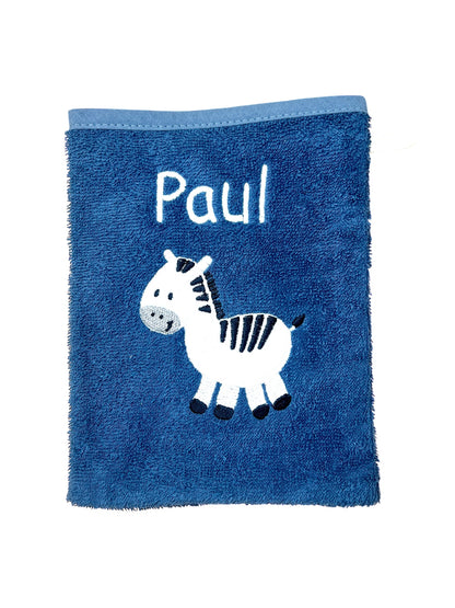 Baby Waschlappen, dunkelblau mit Zebra-Motiv und Name bestickt, aus Baumwolle