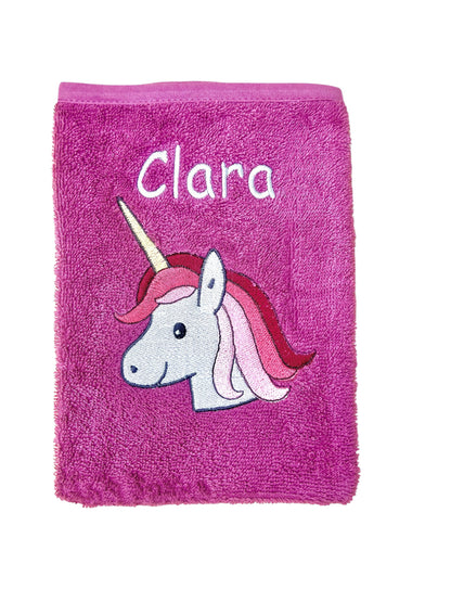 Baby Waschlappen, pink mit Einhorn-Motiv und Name bestickt, aus Baumwolle