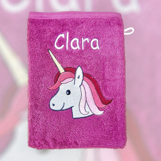 Baby Waschlappen, pink mit Einhorn-Motiv und Name bestickt, aus Baumwolle